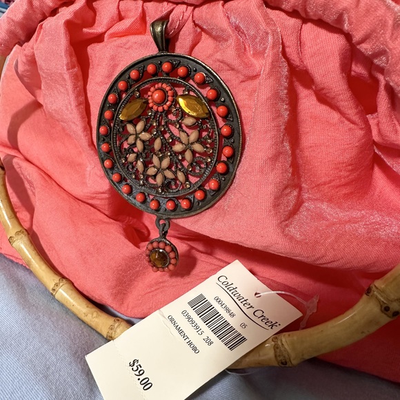 Coldwater Creek NWT Ornament Hobo, iridescent coral fabric and bamboo handles - Picture 2 of 11